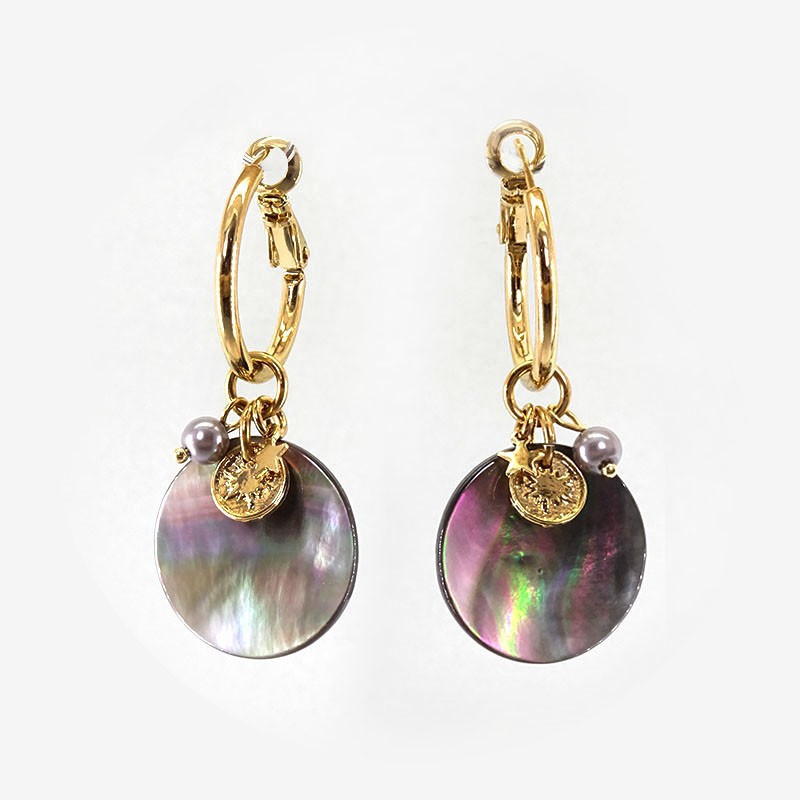 Boucles d'oreilles dormeuses SONO doré - Nacre ronde grise & Etoile Perle Rose des vents - CHORANGE Boucles d'oreilles dormeuses SONO doré - Nacre ronde grise & Etoile Perle Rose des vents - CHORANGE