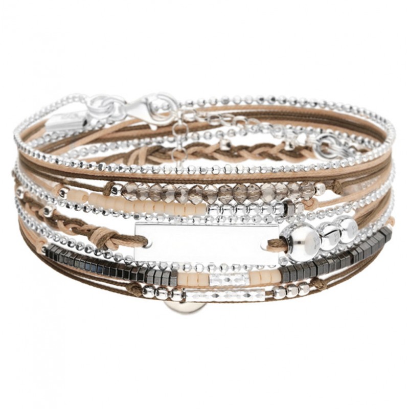 Bracelet multi-tours PLAQUE argent - Cordons & Perles beige marron DORIANE BIJOUX Bracelet multi-tours PLAQUE argent - Cordons & Perles beige marron DORIANE BIJOUX