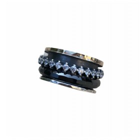Bague Tube Argent Or Zircons & Céramique noire - LA PROMESSE THEMA BAGUES