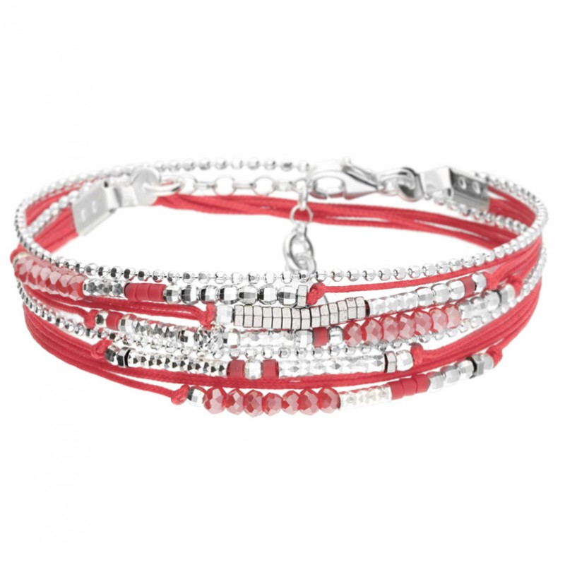 Bracelet multi-tours EGERIE argent - Cordons rouge & Hématites - DORIANE Bijoux Bracelet multi-tours EGERIE argent - Cordons rouge & Hématites - DORIANE Bijoux