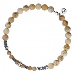 Bracelet homme élastiqué argent SPIRIT - Jaspes Hématites beiges & Décors ethniques -  DORIANE Bijoux