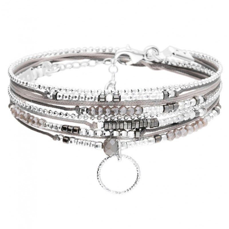 Bracelet multi-tours SANTANA Argent - Cordons gris polaire & Anneau ciselé - DORIANE Bijoux Bracelet multi-tours SANTANA Argent - Cordons gris polaire & Anneau ciselé - DORIANE Bijoux