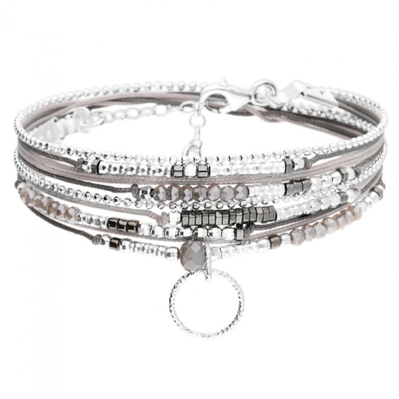 Bracelet multi-tours SANTANA Argent - Cordons gris polaire & Anneau ciselé - DORIANE Bijoux