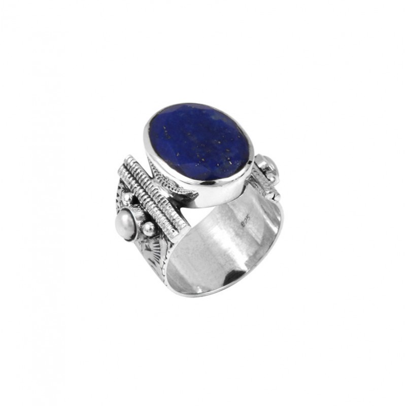 Bague large ethnique argent Lapis Lazuli ovale & Perles blanches CANYON Bague large ethnique argent Lapis Lazuli ovale & Perles blanches CANYON