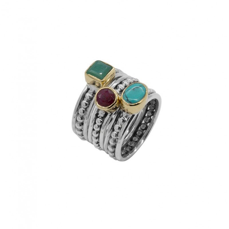 Bague large TRILOGIE argent doré - Turquoise Chrysoprase & Rubis indien CANYON Bague large TRILOGIE argent doré - Turquoise Chrysoprase & Rubis indien CANYON