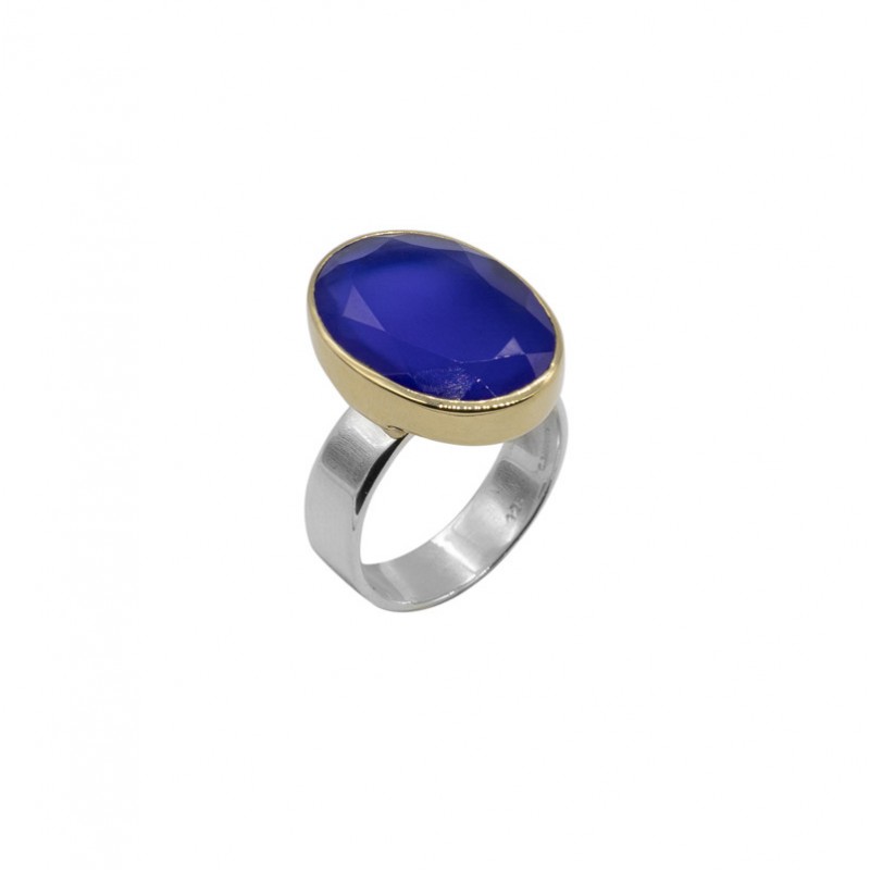 Bague large argent doré & Pierre Calcédoine bleue ovale Canyon Bijoux Bague large argent doré & Pierre Calcédoine bleue ovale Canyon Bijoux