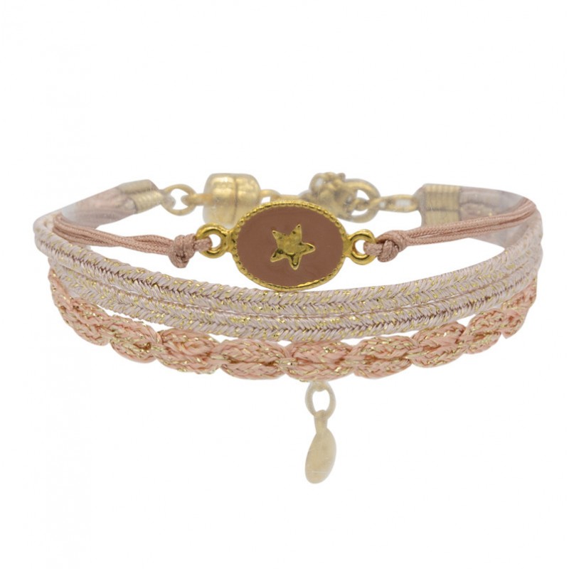 Bracelet multi-tours RACHEL cordon - Liens roses & Médaille étoile dorée - BY GARANCE Bracelet multi-tours RACHEL cordon - Liens roses & Médaille étoile dorée - BY GARANCE