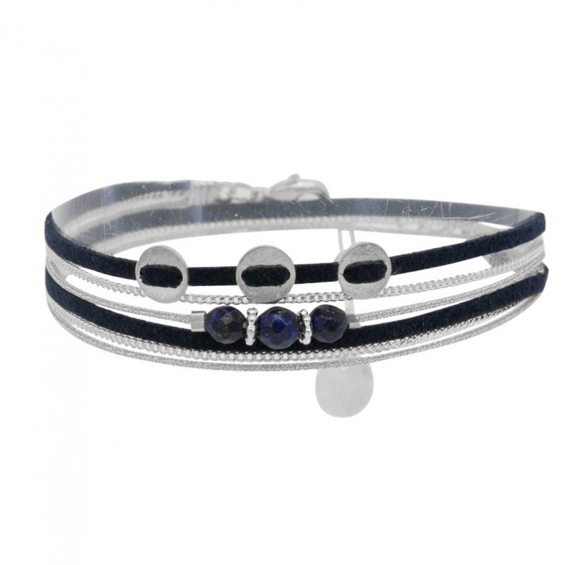 Bracelet double tours ROCKY argent - Liens & Perles pastilles bleus - BY GARANCE Bracelet double tours ROCKY argent - Liens & Perles pastilles bleus - BY GARANCE