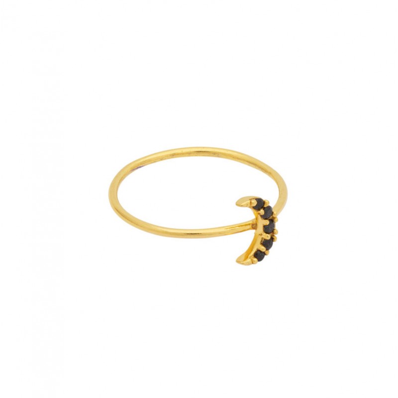 Bague fine NIGHT Or - Anneau fin & Lune zircons noirs signée Une à Une Bague fine NIGHT Or - Anneau fin & Lune zircons noirs signée Une à Une