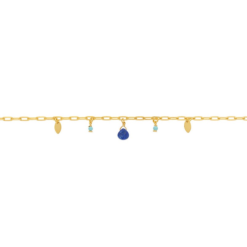 Bracelet Fin PAMPILLES chaîne dorée - Médailles turquoises & Goutte Lapis Lazuli Une à Une Bracelet Fin PAMPILLES chaîne dorée - Médailles turquoises & Goutte Lapis Lazuli Une à Une