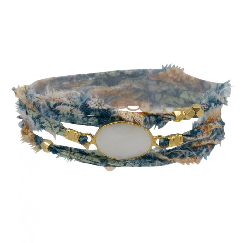 Bracelet multi-tours LANA - Tissu liberty bleu blanc & Onyx blanc ovale - BY GARANCE Bracelet multi-tours LANA - Tissu liberty bleu blanc & Onyx blanc ovale - BY GARANCE