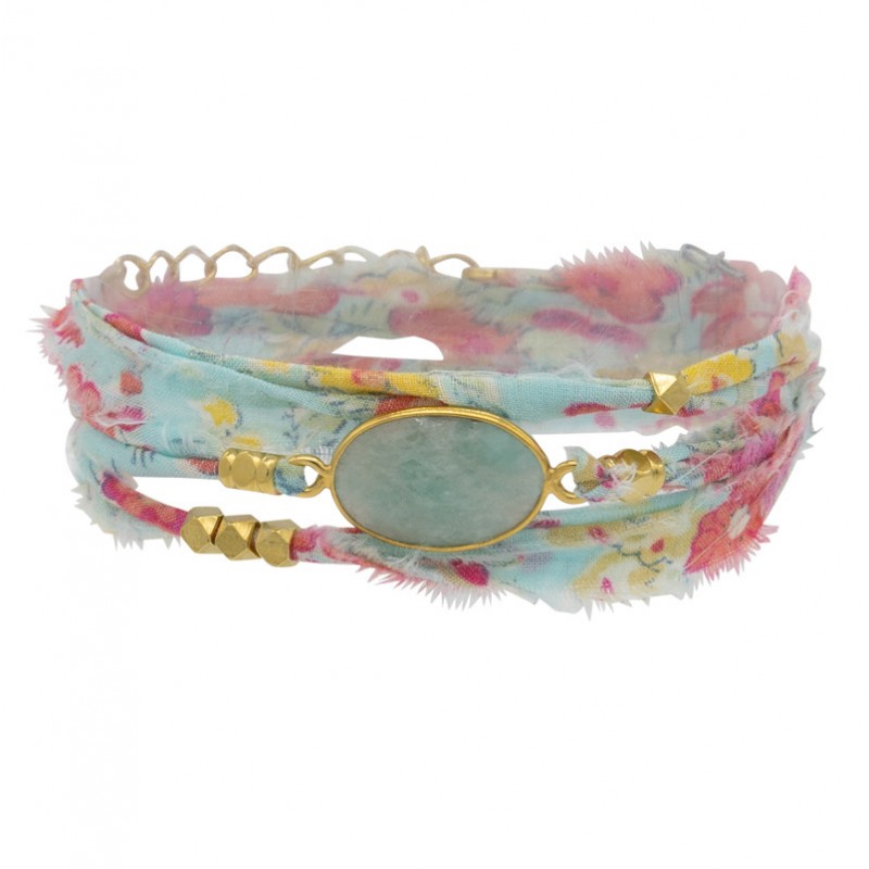 Bracelet multi-tours LANA - Tissu liberty rose céladon & Amazonite ovale - BY GARANCE Bracelet multi-tours LANA - Tissu liberty rose céladon & Amazonite ovale - BY GARANCE