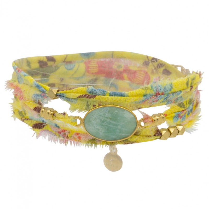 Bracelet multi-tours LANA - Tissu liberty jaune céladon & Amazonite ovale - BY GARANCE Bracelet multi-tours LANA - Tissu liberty jaune céladon & Amazonite ovale - BY GARANCE