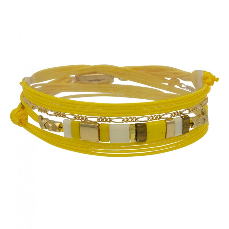Bracelet multi-tours CARRY cordon jaune - Chaînette dorée & Perles plates - BY GARANCE Bracelet multi-tours CARRY cordon jaune - Chaînette dorée & Perles plates - BY GARANCE