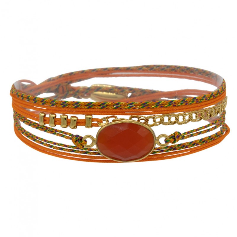 Bracelet multi-tours RITA - Cordons orange & Agate facettée ovale - BY GARANCE Bracelet multi-tours RITA - Cordons orange & Agate facettée ovale - BY GARANCE