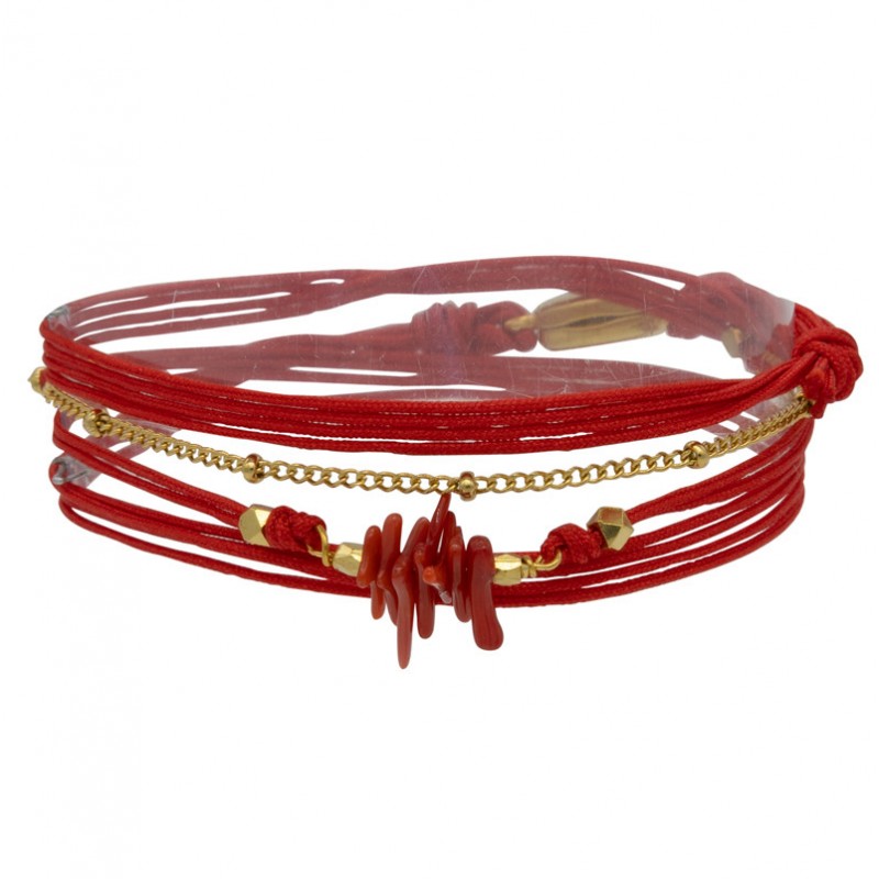 Bracelet multi-tours NAIA cordons rouge doré - Chaîne & Coquillages - BY GARANCE Bracelet multi-tours NAIA cordons rouge doré - Chaîne & Coquillages - BY GARANCE