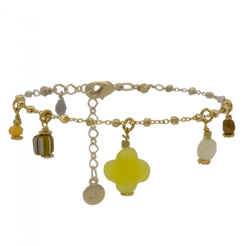 Bracelet chaîne TOSCA jaune doré - Pendentifs pierres & Trèfle agate jaune - BY GARANCE Bracelet chaîne TOSCA jaune doré - Pendentifs pierres & Trèfle agate jaune - BY GARANCE