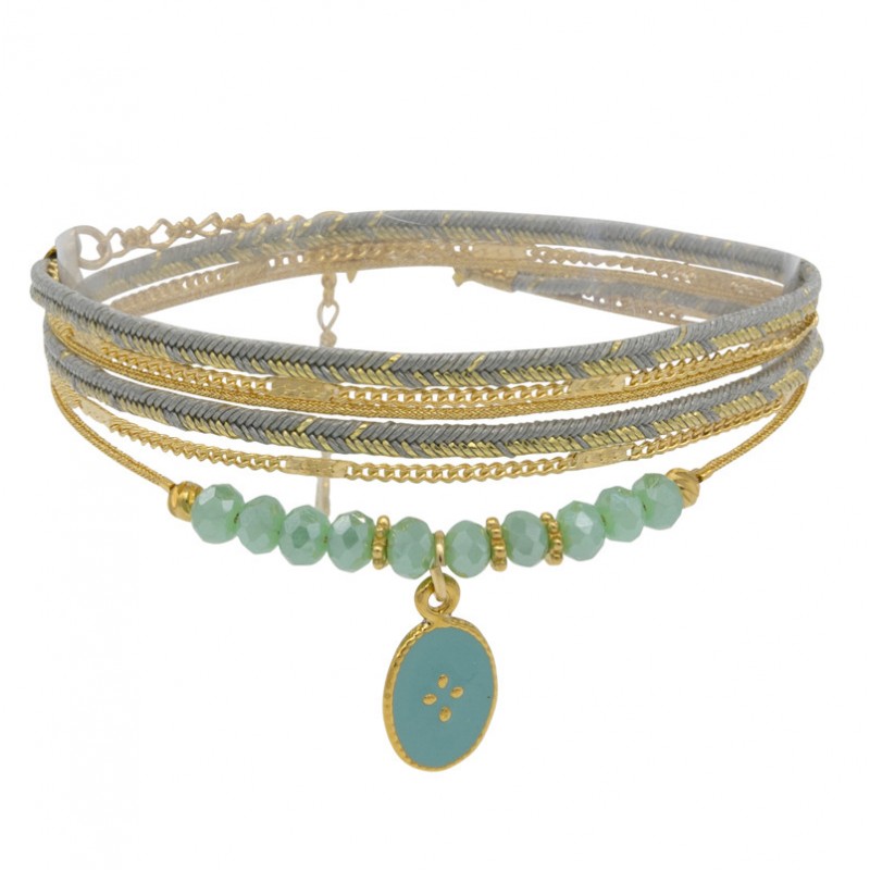Bracelet multi-rangs ANITA - Lurex céladon doré & Médaille texturée - BY GARANCE Bracelet multi-rangs ANITA - Lurex céladon doré & Médaille texturée - BY GARANCE