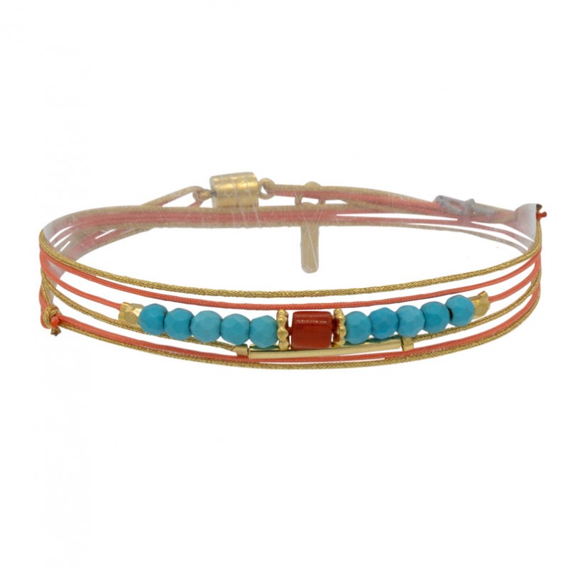 Bracelet multi-tours cordons CINDY corail doré - Liens & Pierres corail turquoise - BY GARANCE Bracelet multi-tours cordons CINDY corail doré - Liens & Pierres corail turquoise - BY GARANCE