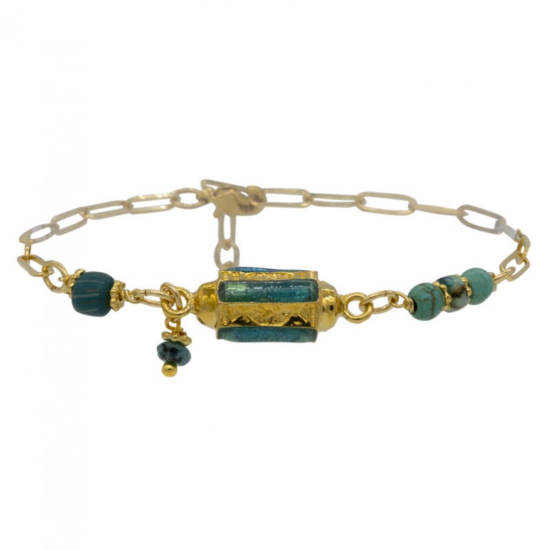 Bracelet chaîne CELESTE turquoise doré - Pierres & Turquoise en tube antique - BY GARANCE Bracelet chaîne CELESTE turquoise doré - Pierres & Turquoise en tube antique - BY GARANCE