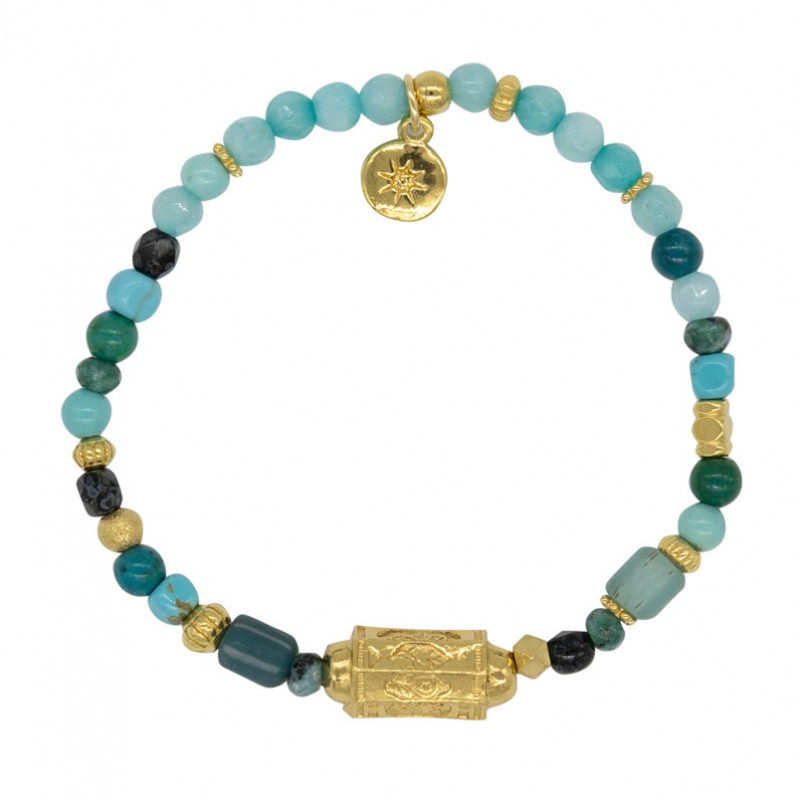 Bracelet LISABE MANON Perles turquoises & Tube texturé antique doré by Garance Bracelet LISABE MANON Perles turquoises & Tube texturé antique doré by Garance