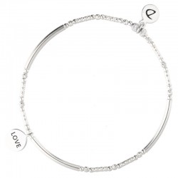 Bracelet élastique LOVE argent - Tubes lisses diamantés & Médaille texturée love - DORIANE BIJOUX