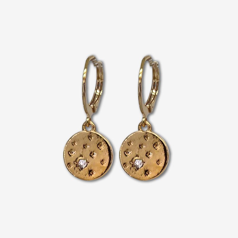 Boucles d'oreilles créoles MINITOILE doré - Médaille étoilée ronde & Strass - CHORANGE Boucles d'oreilles créoles MINITOILE doré - Médaille étoilée ronde & Strass - CHORANGE