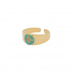 Bague Large ajustable LUMIERE Or - Email Bahamas & Croix zircons - Une à Une
