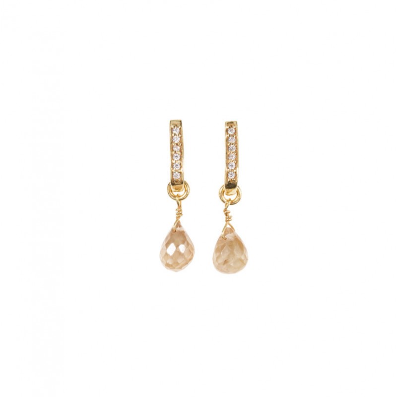 Boucles d'oreilles pendantes GOUTTE dorées - Zircon blanc & Pierre de Lune orange - Une à une Boucles d'oreilles pendantes GOUTTE dorées - Zircon blanc & Pierre de Lune orange - Une à une