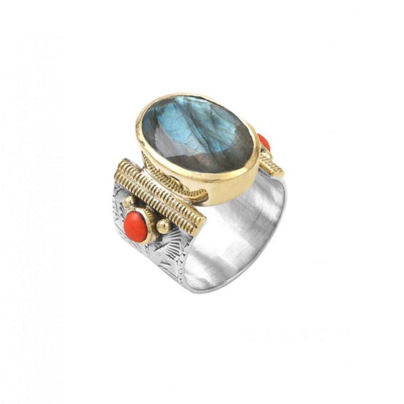 Bague ethnique argent doré Labradorite ovale & Perles Orange Corail - BAGUE CANYON BIJOUX Bague ethnique argent doré Labradorite ovale & Perles Orange Corail - BAGUE CANYON BIJOUX