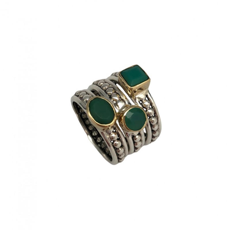 Bague large TRILOGIE argent doré 3 Anneaux & 3 Chrysoprases CANYON Bague large TRILOGIE argent doré 3 Anneaux & 3 Chrysoprases CANYON