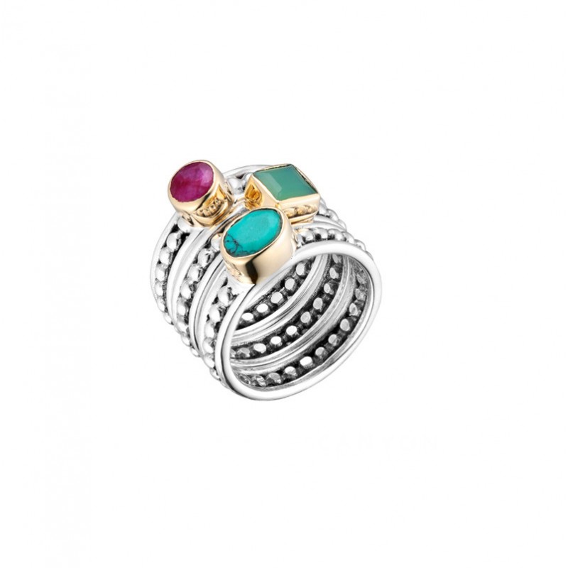 Bague large TRILOGIE argent doré - Turquoise Chrysoprase & Rubis indien - Canyon Bijoux Bague large TRILOGIE argent doré - Turquoise Chrysoprase & Rubis indien - Canyon Bijoux
