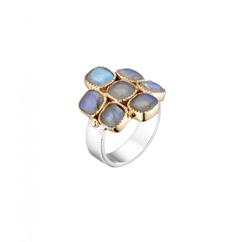 Bague large argent doré - LOSANGE de 7 Labradorites CANYON Bague large argent doré - LOSANGE de 7 Labradorites CANYON