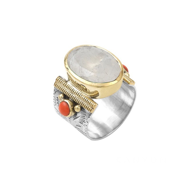 Bague Canyon - Bague large argent pierre de lune ovale & perles corail Bague Canyon - Bague large argent pierre de lune ovale & perles corail