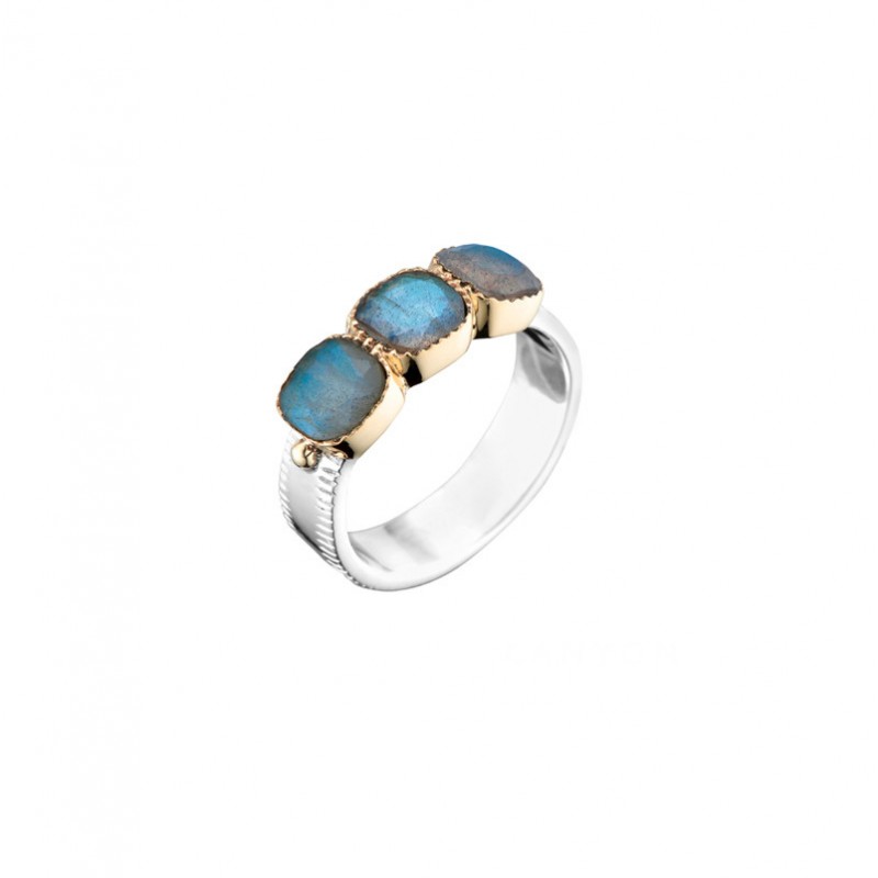 Bague argent doré - Anneau plat & 3 Labradorites grises carrées Bague argent doré - Anneau plat & 3 Labradorites grises carrées