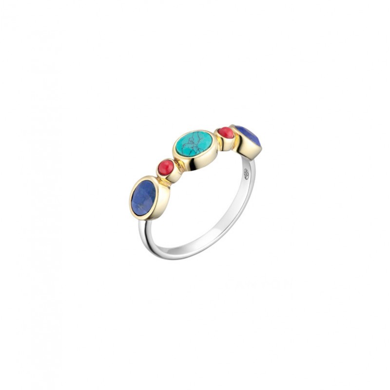 Bague argent doré - Lapis Turquoise & Corail rouge - CANYON BIJOUX Bague argent doré - Lapis Turquoise & Corail rouge - CANYON BIJOUX