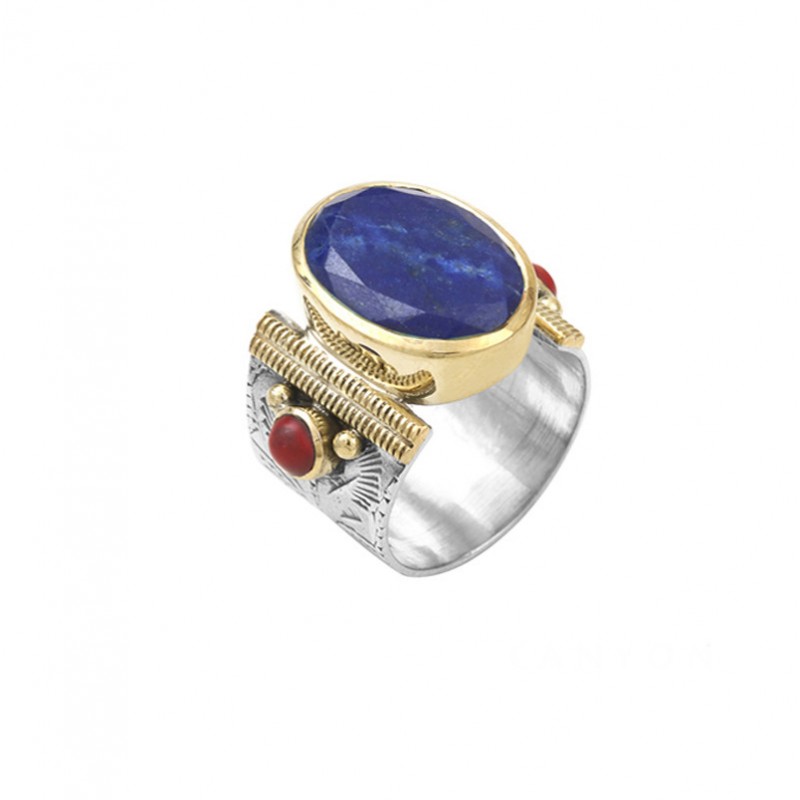 Bague ethnique argent doré Lapis Lazuli ovale & Perles Rouge Corail CANYON Bague ethnique argent doré Lapis Lazuli ovale & Perles Rouge Corail CANYON