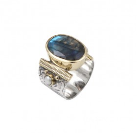 Bague large ethnique argent laiton doré labradorite ovale & perles blanches CANYON