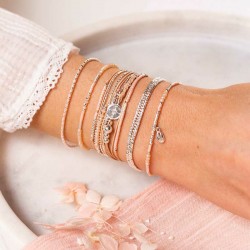 Bracelet élastiqué FLUFFY argent - Perles beige & rose TAILLE M