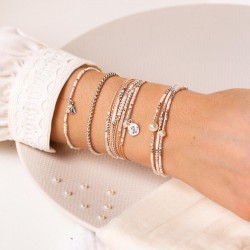 Bracelet élastiqué INDIA argent - Perles Crème ivoire & Profil indien TAILLE M