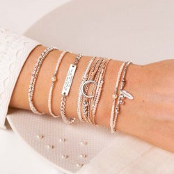 Bracelet élastiqué MYKONOS argent - Perles beige crème & Nacre TAILLE L