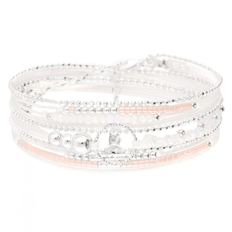 Bracelet TRIPLE TOUR argent - Perles blanc rose & Anneau diamanté DORIANE BIJOUX