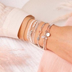 Bracelet TRIPLE TOURS argent - Perles blanc rose & Anneau diamanté