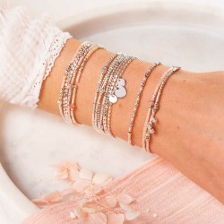 Bracelet élastiqué MYKONOS argent - Perles roses & Miyuki beige TAILLE S