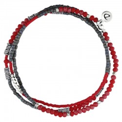 Bracelet Homme élastiqué multitours argent - Hématites grises & Miyuki rouge - DORIANE Bijux