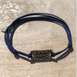 Bracelet Homme MESSAGE cordon bleu - Plaque SUPER PAPA argent vieilli SING A SONG