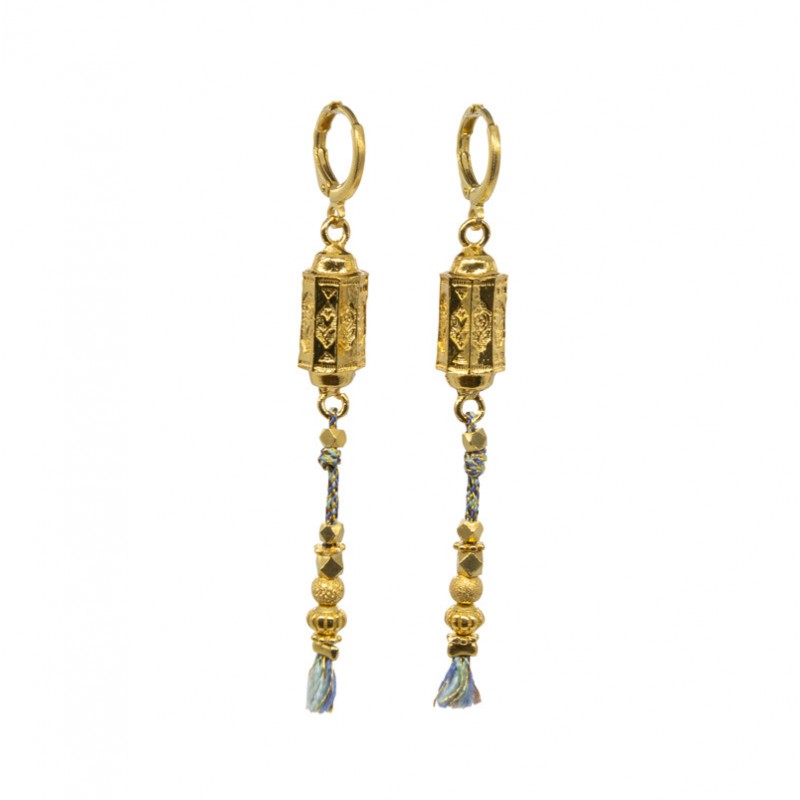 Boucles d'oreilles Pendantes Or LISABE - Tube antique & Cordon bleu signées By Garance Boucles d'oreilles Pendantes Or LISABE - Tube antique & Cordon bleu signées By Garance