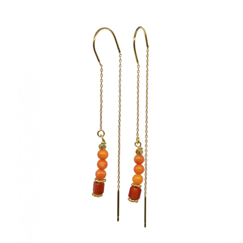 Boucles d'oreilles Pendantes Or CINDY - Chaînes & Perles rouge corail BY GARANCE Boucles d'oreilles Pendantes Or CINDY - Chaînes & Perles rouge corail BY GARANCE