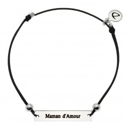 Bracelet fin MESSAGE en Argent - Cordon noir & Plaque texturée Maman d'Amour signé Doriane Bijoux