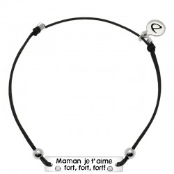 Bracelet MESSAGE - Cordon noir & Plaque Maman Je t'aime fort en argent DORIANE BIJOUX